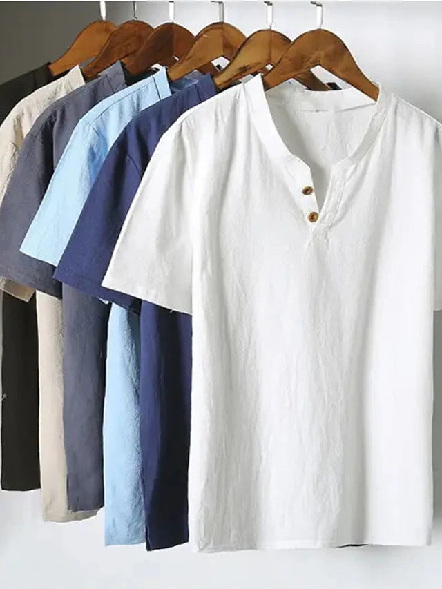 Men's Casual Solid Cotton And Linen Short Sleeves
